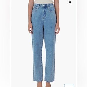 Crystal Embellished High Waist Rigid Straight Leg Jeans
